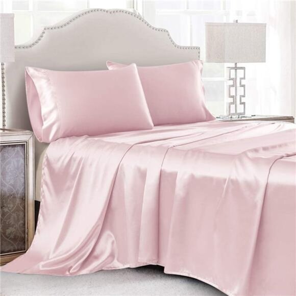 King Satin Bed Linen Set, 4Pcs Luxury Soft Silky Sheets with Deep Pocket Fitted - Picture 1 of 8